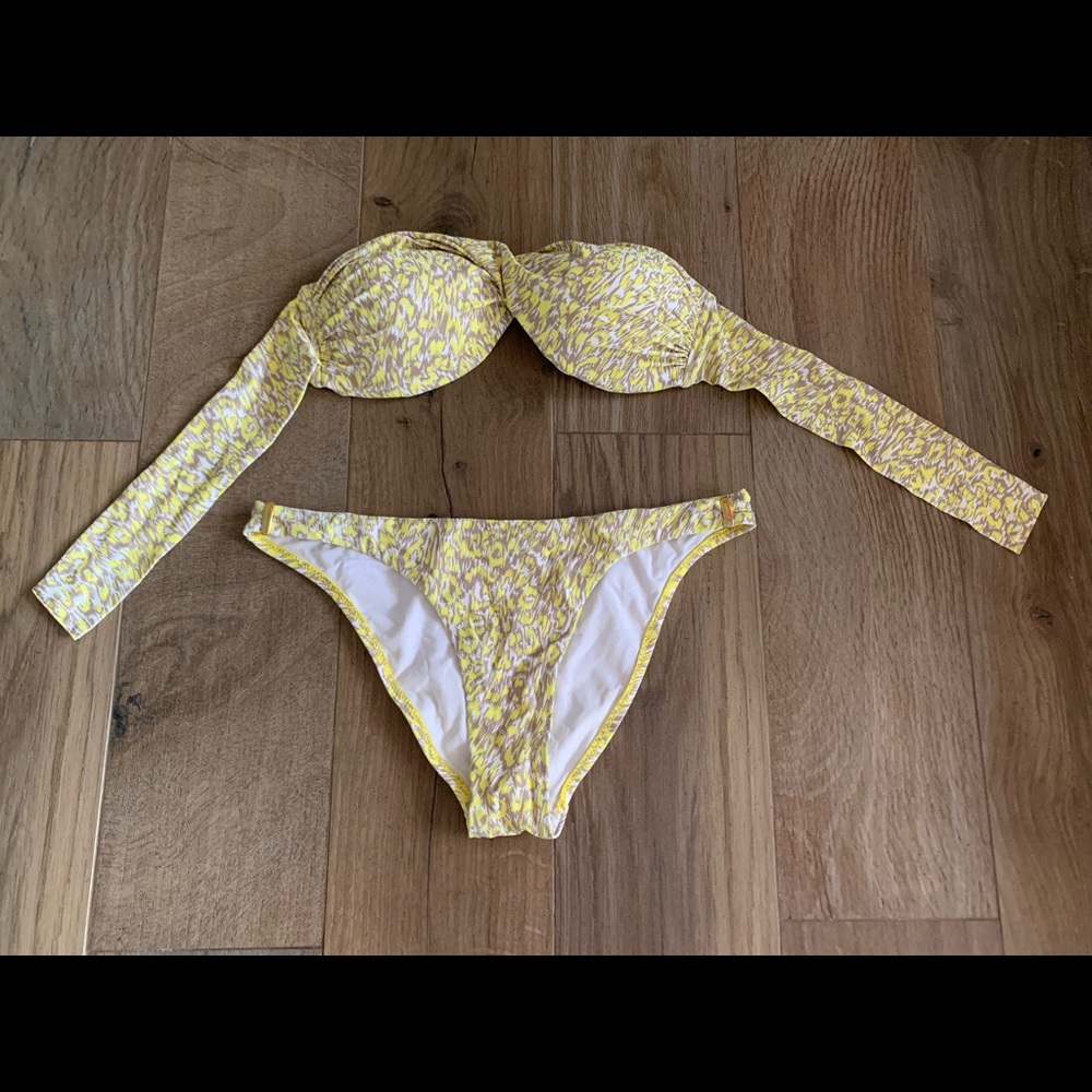 Two piece swim suit, yellow brow white